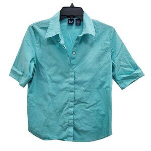 GAP‎ Women's Y2K Turquoise Stretch Button Front Rolled Cuff Short Sleeve Shirt L